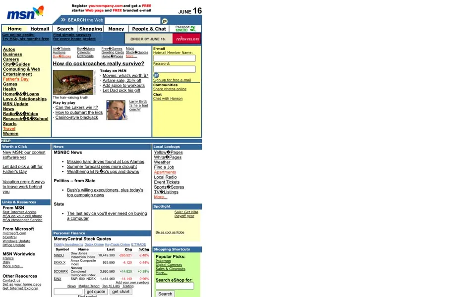 msn.com homepage in 2000