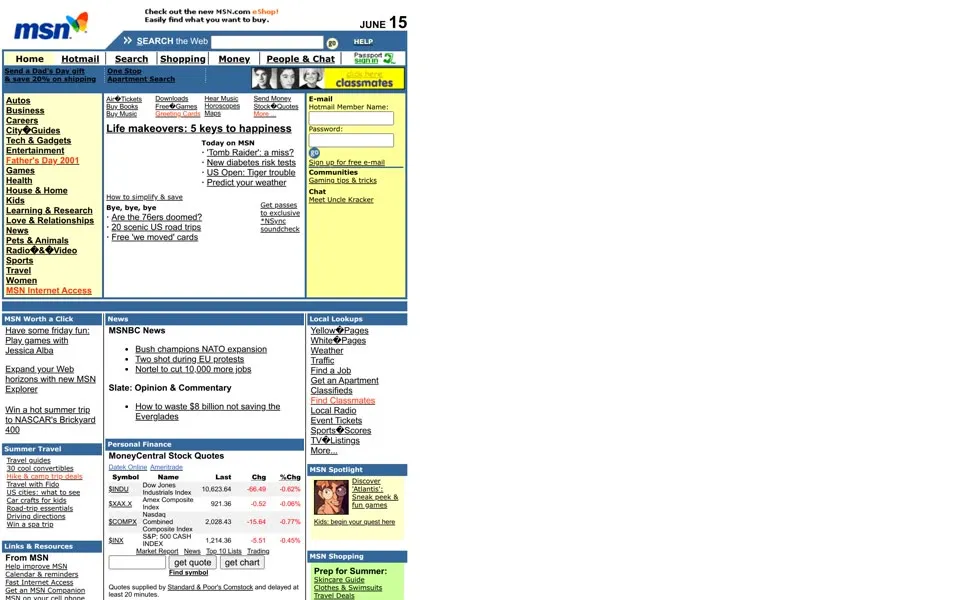 msn.com homepage in 2001