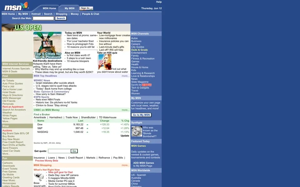 msn.com homepage in 2003
