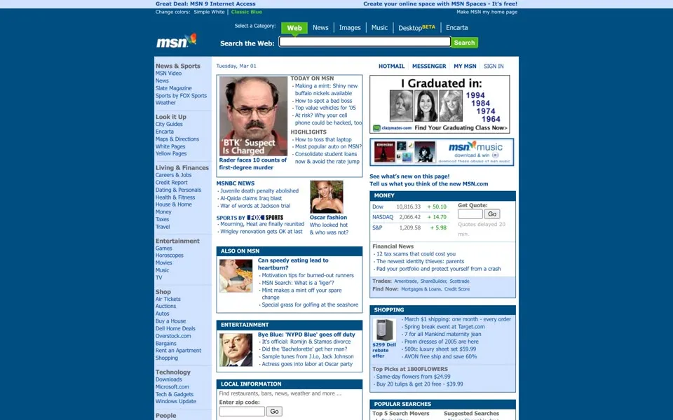 msn.com homepage in 2005