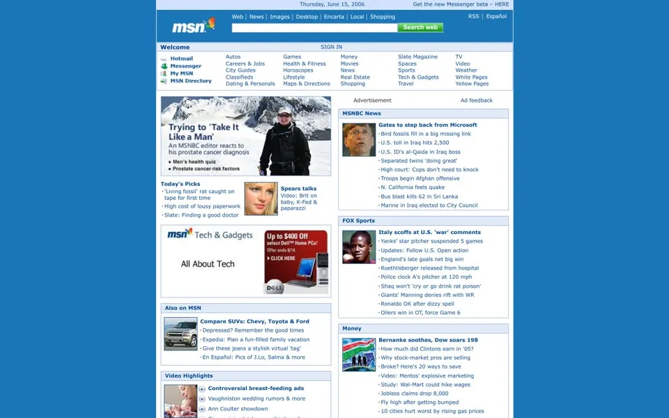msn.com homepage in 2006