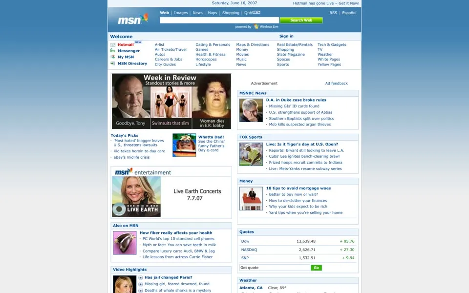 msn.com homepage in 2007