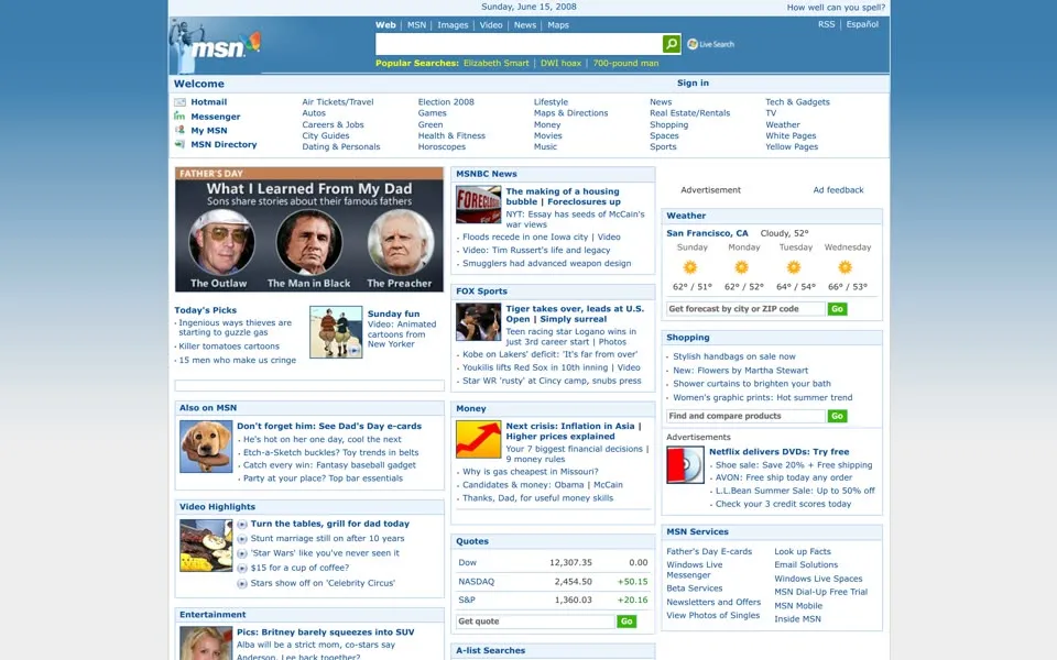 msn.com homepage in 2008