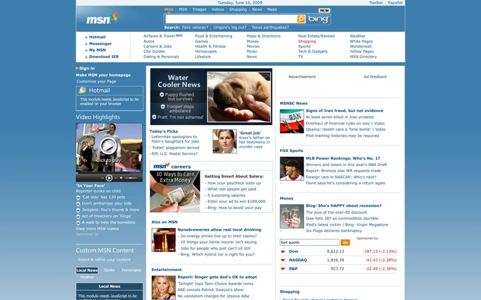 msn.com homepage in 2009