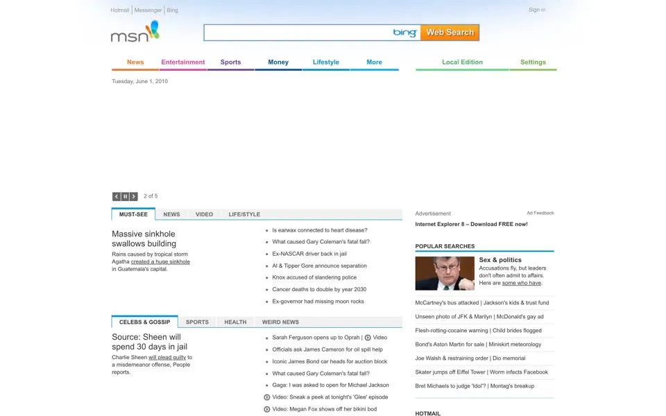 msn.com homepage in 2010