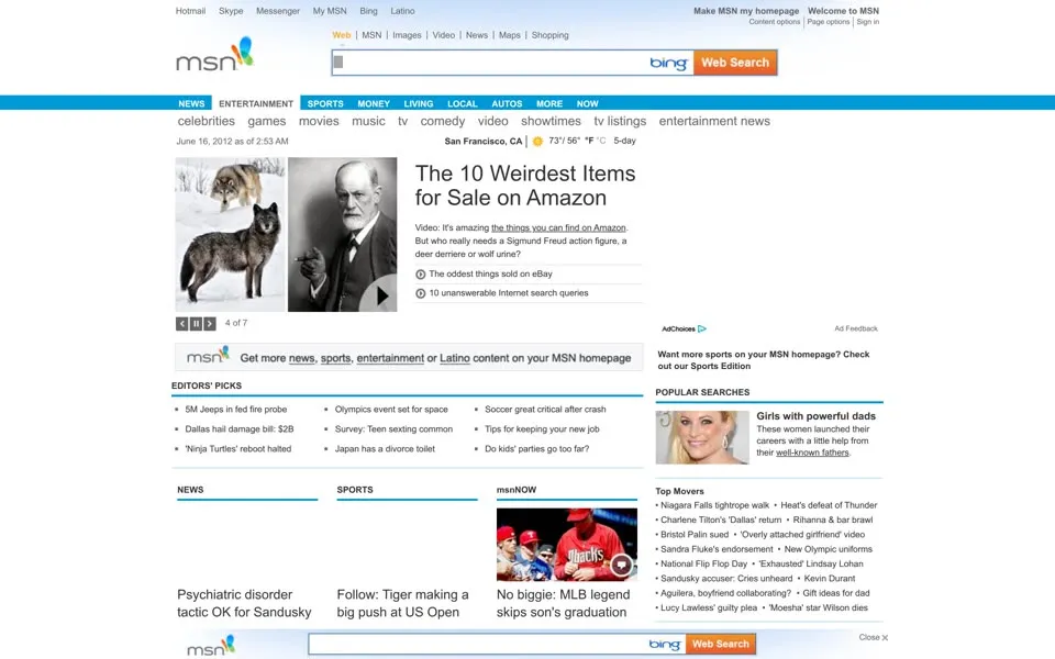 msn.com homepage in 2012