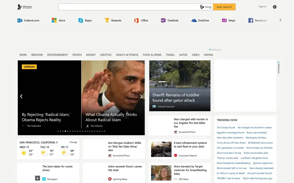 msn.com homepage in 2016