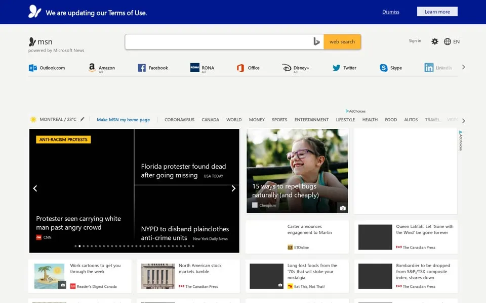 msn.com homepage in 2020