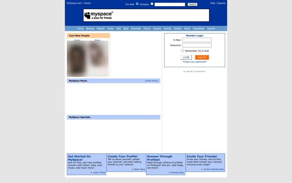 myspace.com homepage in 2005