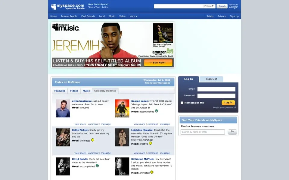 myspace.com homepage in 2009