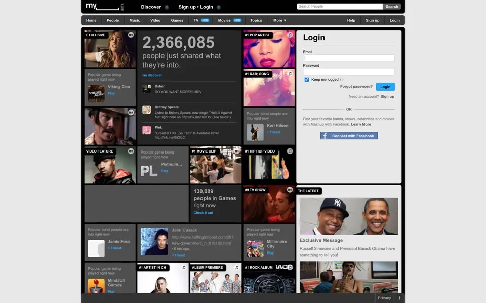 myspace.com homepage in 2011