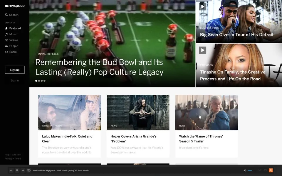myspace.com homepage in 2015