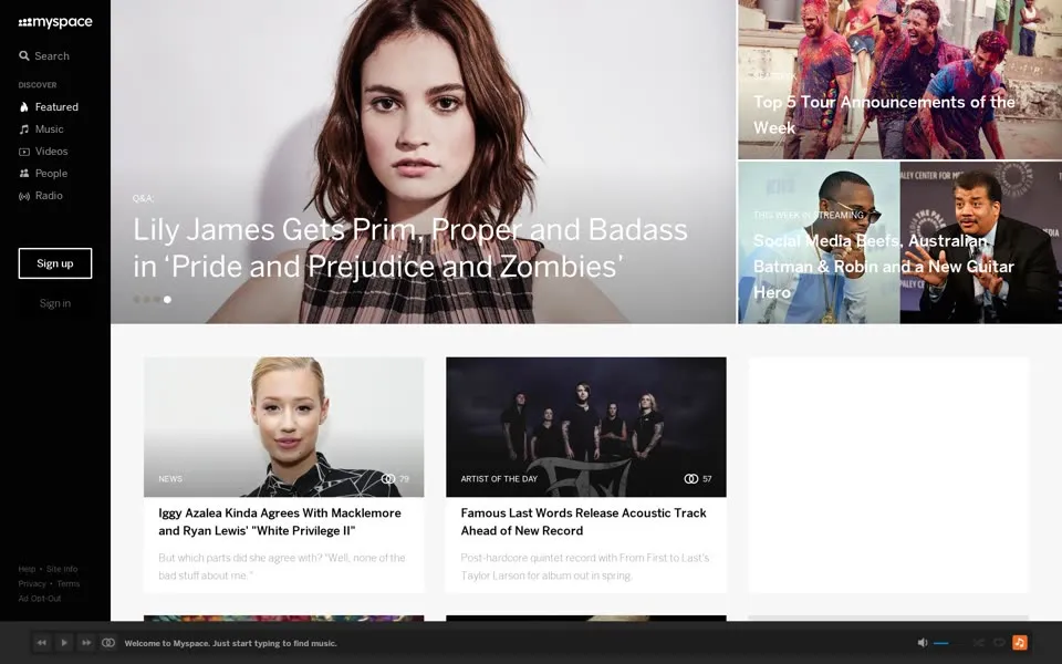 myspace.com homepage in 2016