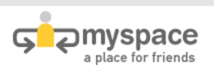 Myspace logo on the 2003 myspace.com homepage: swirl icon + grey 'myspace' wordmark, 'a place for friends'