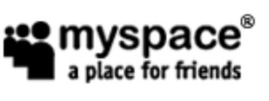 Myspace logo on the 2005 myspace.com homepage: black three-people icon + 'myspace®', 'a place for friends'