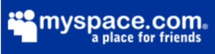 Myspace logo on the 2006 myspace.com homepage: white 'myspace.com' on a blue box