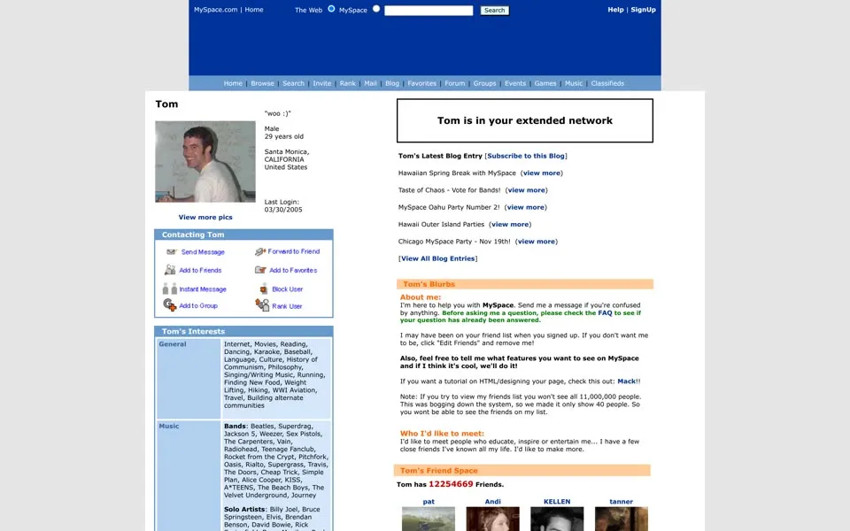 Tom Anderson’s Myspace profile page, March 31, 2005
