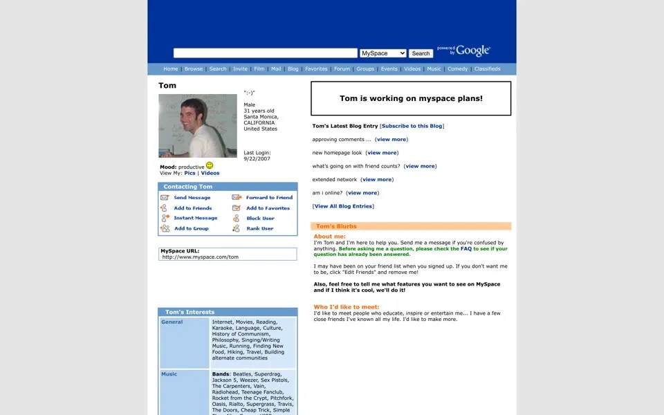 Tom Anderson’s Myspace profile page, September 22, 2007