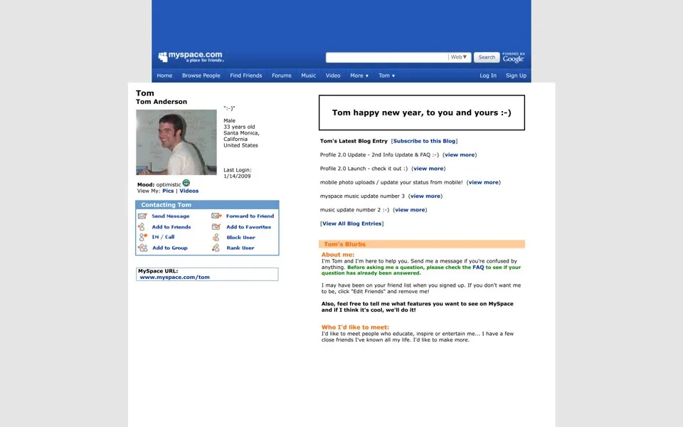 Tom Anderson’s Myspace profile page, January 14, 2009