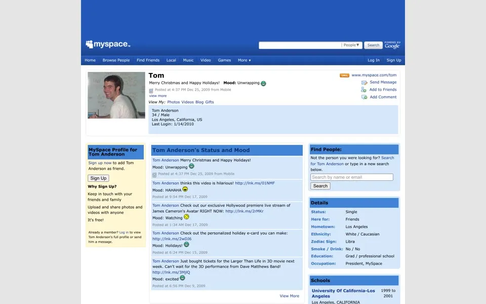 Tom Anderson’s Myspace profile page, January 15, 2010