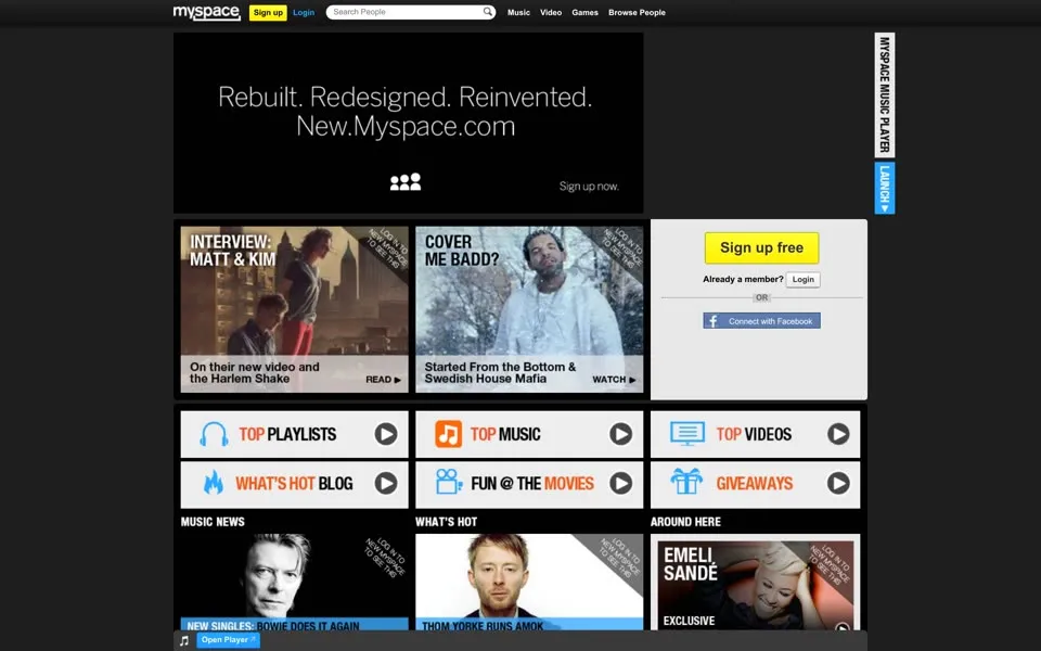 Myspace homepage, March 1, 2013, with the banner Rebuilt. Redesigned. Reinvented.