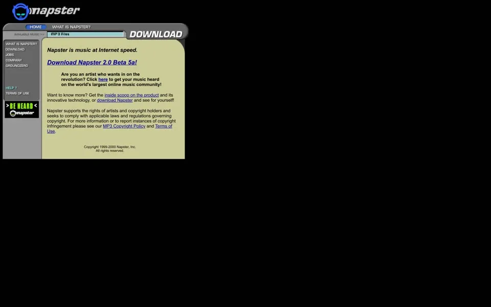 napster.com homepage in 2000