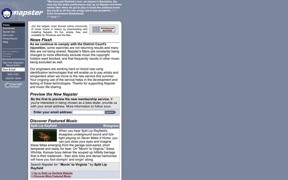 napster.com homepage in 2001