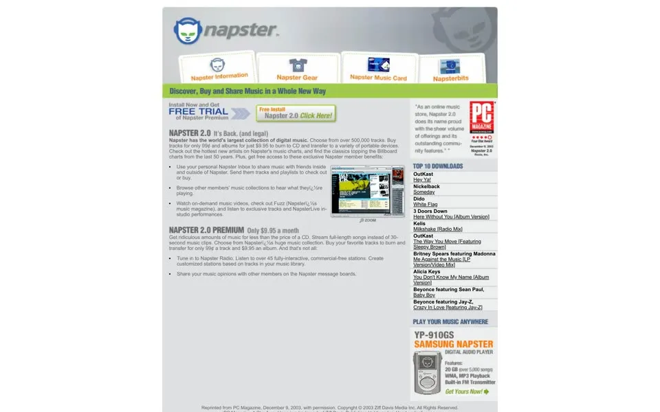 napster.com homepage in 2003