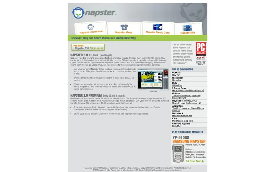 napster.com homepage in 2004