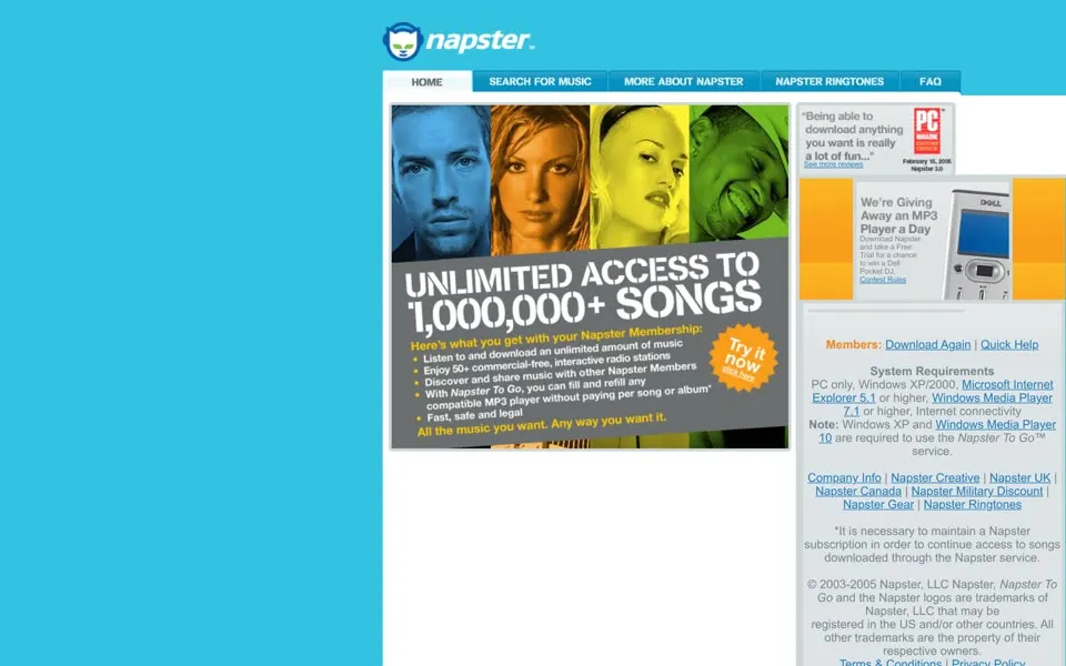 napster.com homepage in 2005