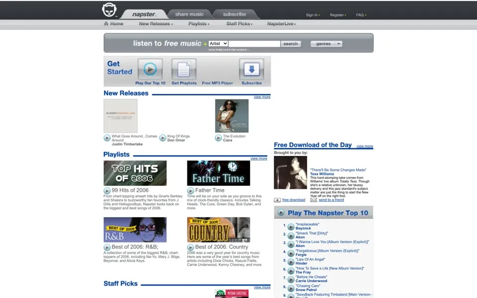 napster.com homepage in 2007