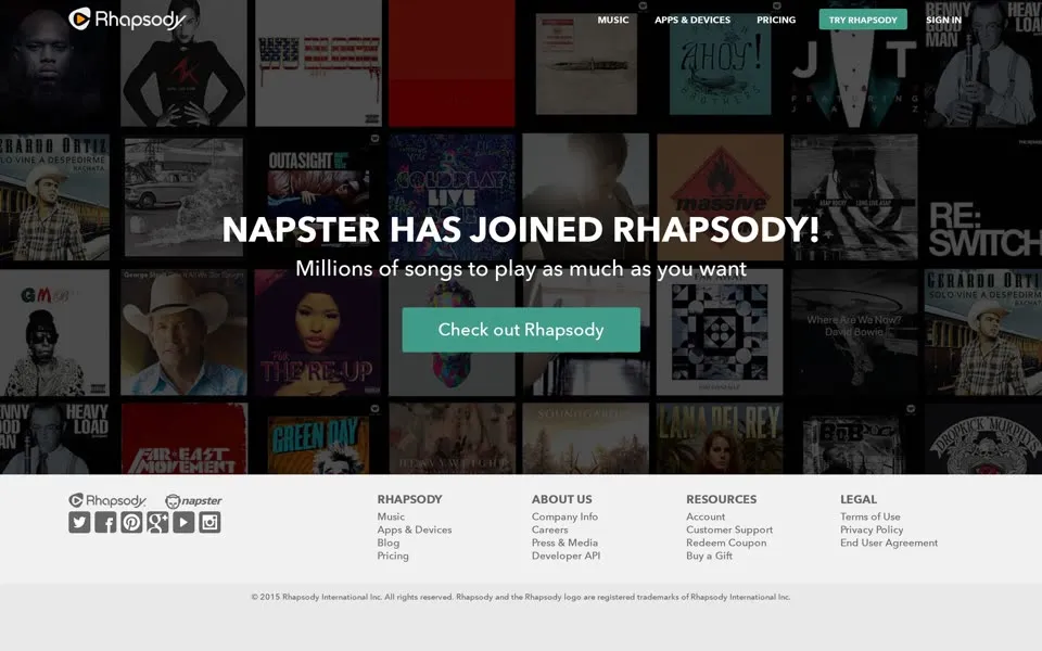 napster.com homepage in 2015