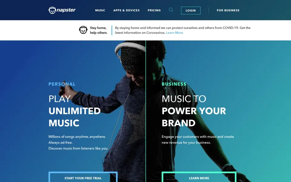 napster.com homepage in 2020
