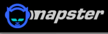 Napster logo on the 2000 napster.com homepage: Blue cat with cyan eyes, curved marks and a grey italic Napster wordmark.
