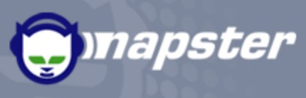 Napster logo on the 2001 napster.com homepage: Dark blue cat with a white face and green eyes, beside curved marks and a white italic wordmark.