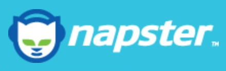 Napster logo on the 2005 napster.com homepage: The italic wordmark is white beside the blue cat with green eyes.