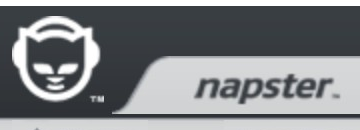 Napster logo on the 2007 napster.com homepage: White cat icon above a separate grey tab holding the black italic wordmark.