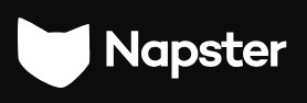 Napster logo on the 2025 napster.com homepage: Solid white cat-head shape without headphones, beside an upright Napster wordmark.