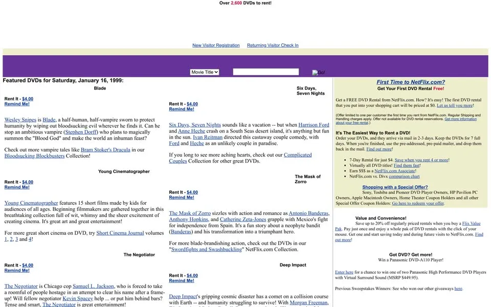 netflix.com homepage in 1999