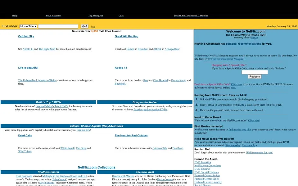 netflix.com homepage in 2000