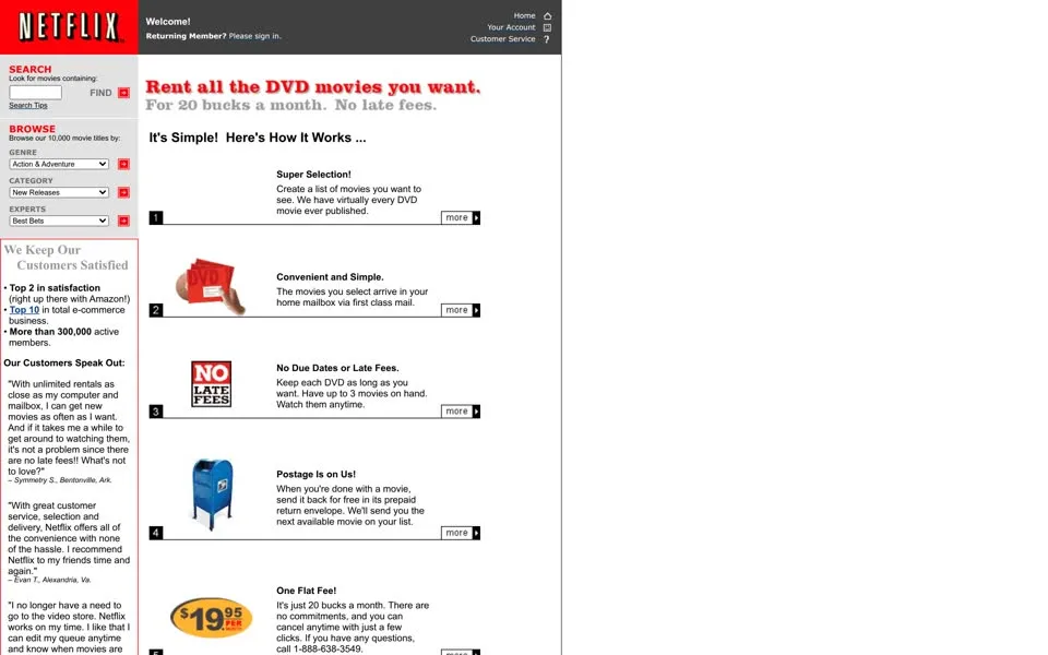 netflix.com homepage in 2001