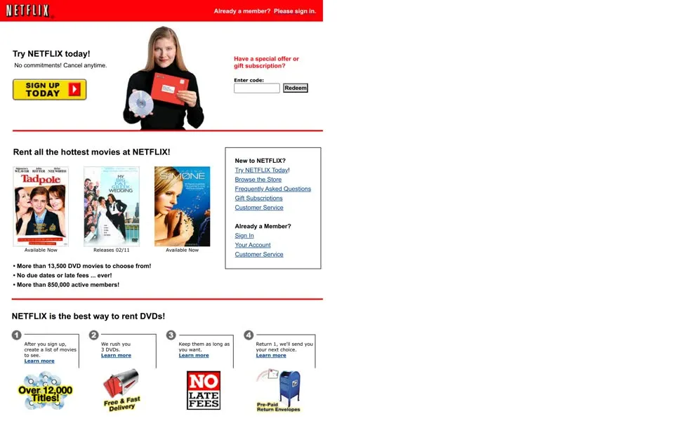 netflix.com homepage in 2003