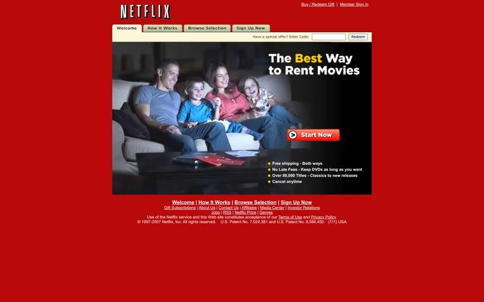 netflix.com homepage in 2007
