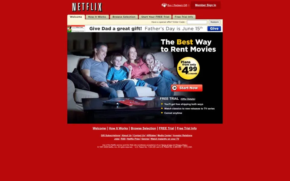 netflix.com homepage in 2008