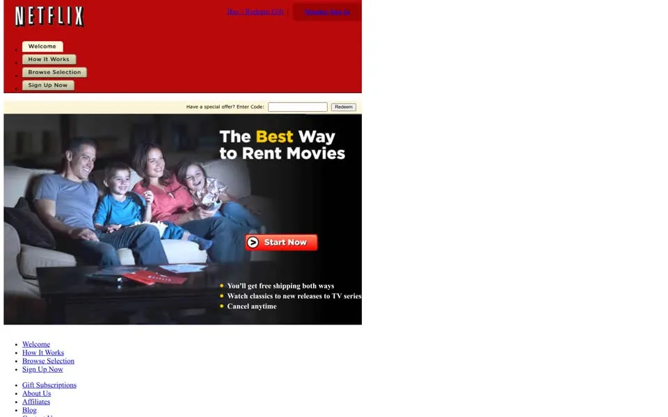 netflix.com homepage in 2009