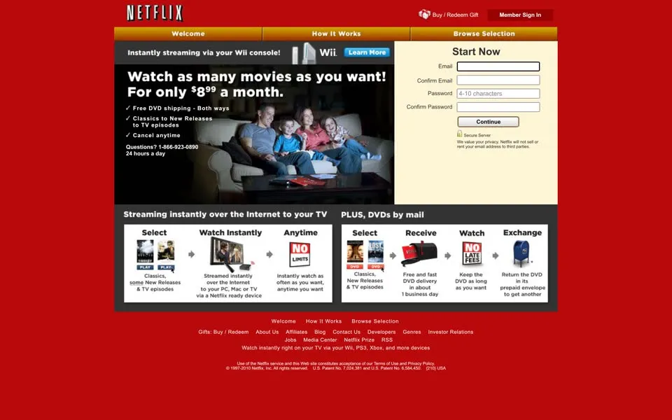 netflix.com homepage in 2010
