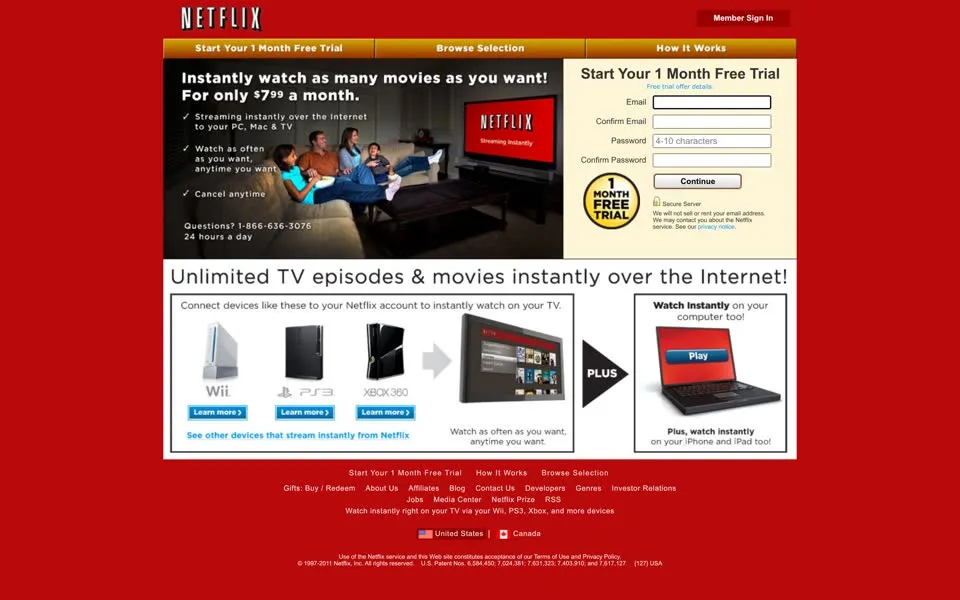 netflix.com homepage in 2011