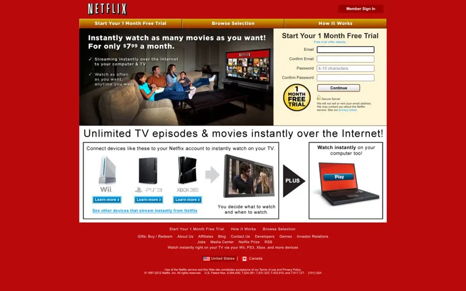 netflix.com homepage in 2012