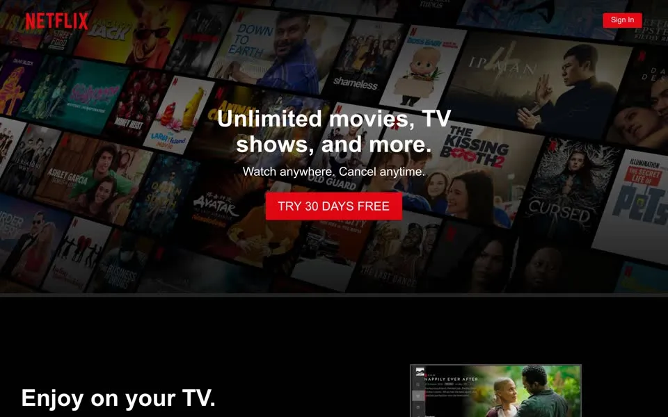 netflix.com homepage in 2020