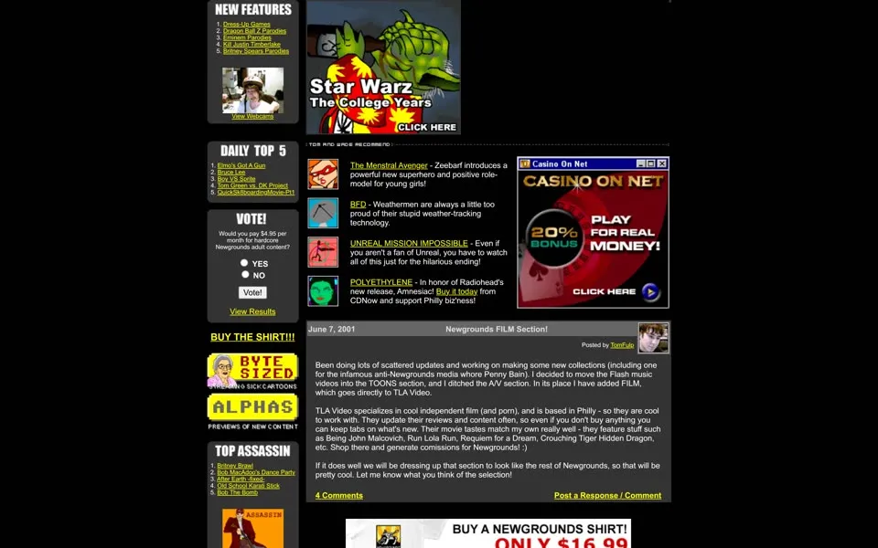 newgrounds.com homepage in 2001